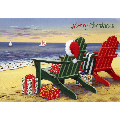 Red and Green Adirondack Chairs on Beach Box of 15 Coastal Christmas Cards: Merry Christmas