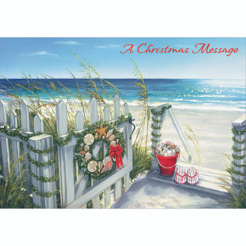 Shell Wreath with Silver Foil Accents on White Gate Box of 15 Warm Weather Coastal Christmas Cards: A Christmas Message