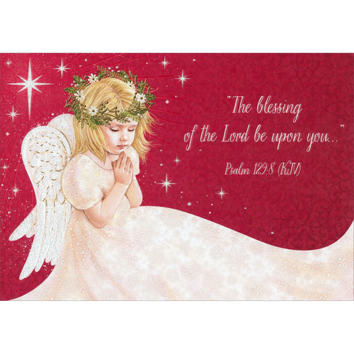 Praying Angel Child with Crown of Gold Foil Flowers on Red Box of 15 Religious Christmas Cards: “The blessing of the Lord be upon you…”  Psalm 129:8 (KJV)
