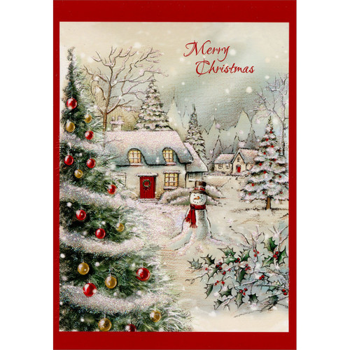 Sparkling Snow Covered Home, Evergreen and Snowman Box of 15 Christmas Cards: Merry Christmas