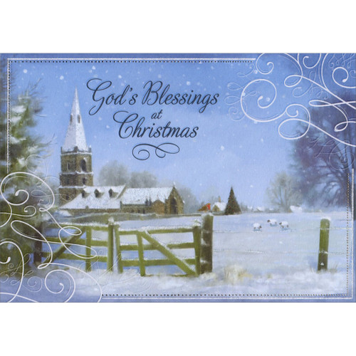 God's Blessings: Church and Fence Covered with Sparkling Snow Box of 14 Religious Christmas Cards: God's Blessings at Christmas