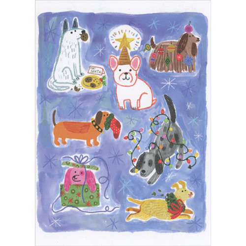 Seven Dogs Playing with Lights, Stockings and Gifts Christmas Card from Dog