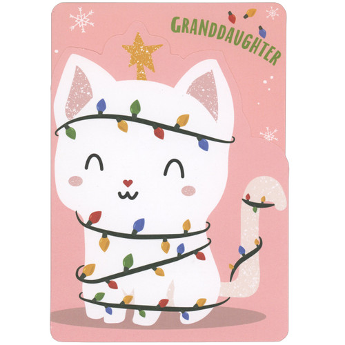 Cute White Kitten Wrapped in String of Lights Die Cut Juvenile Christmas Card for Granddaughter: Granddaughter