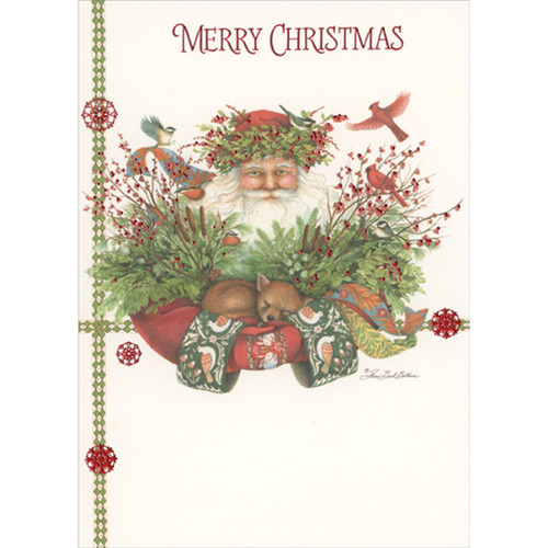 Nature Santa with Crown of Leaves and Baby Fox Resting on Folded Arms Christmas Card: Merry Christmas