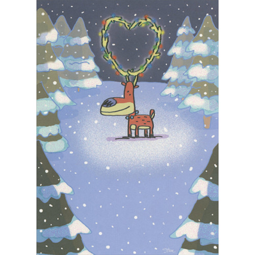 Deer with Heart Shaped Antlers and Snow Covered Evergreen Trees Love Christmas Card