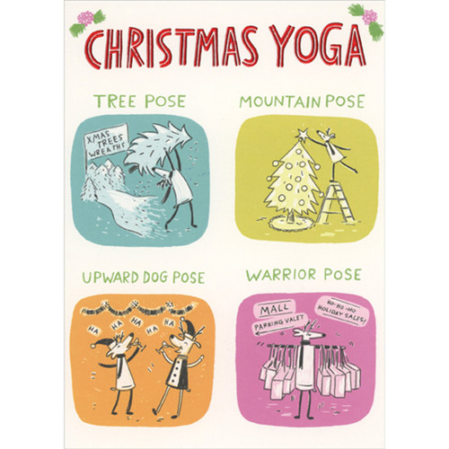 Christmas Yoga Poses: Tree, Mountain, Upward Dog and Warrior Humorous / Funny Christmas Card: CHRISTMAS YOGA - TREE POSE - MOUNTAIN POSE - UPWARD DOG POSE - WARRIOR POSE