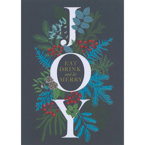 Joy: Eat, Drink and Be Merry Blue Foil Branches and Berries on Black Box of 15 Christmas Cards: Joy: Eat, Drink and be Merry