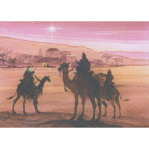 Three Kings on Camels Approaching Bethlehem Under Star in Pink Sky Religious Christmas Card