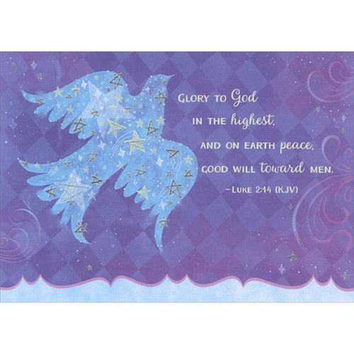 Light Blue Dove with Sparkling Stars on Purple: Glory to God in the Highest Religious Christmas Card: Glory to God in the highest, and on earth peace, good will toward men. - Luke 2:14 (KJV)