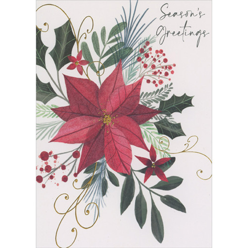 Season's Greetings: Large Poinsettia, Holly and Gold Foil Swirls Christmas Card: Season's Greetings
