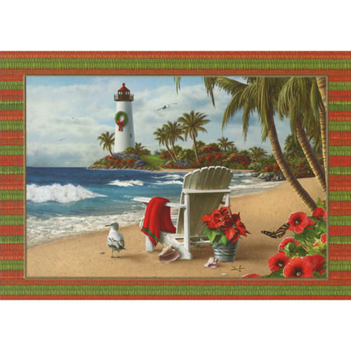 White Adirondack Chair, Poinsettia, Beach and White Lighthouse with Wreath Warm Weather / Tropical Christmas Card