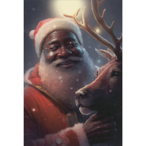 Happy Smiling Santa and Reindeer Under Glowing Light African American Christmas Card