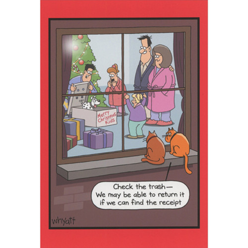 Cats on Window Ledge Looking at New Puppy: Check The Trash Humorous / Funny Cat and Dog Christmas Card: Check the trash - We may be able to return it if we can find the receipt.