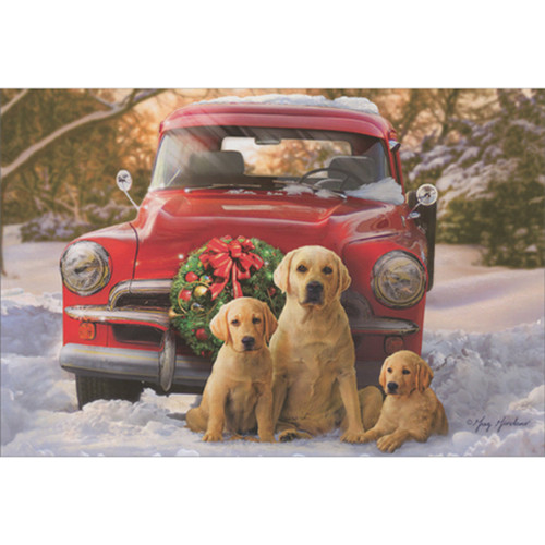 Red Truck, Wreath and Family of Golden Labrador Retrievers in Snow Dog Christmas Card