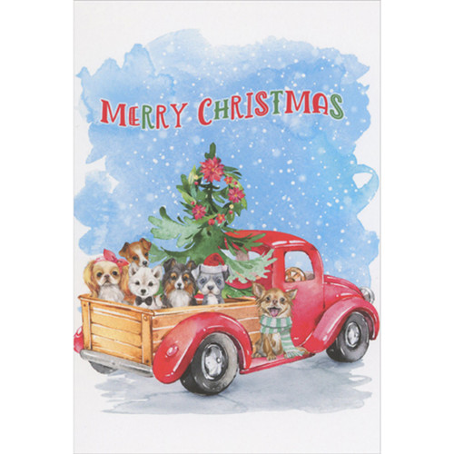 Red Pickup Truck Carrying Puppies, Tree and Poinsettias in Falling Snow Dog Christmas Card: Merry Christmas