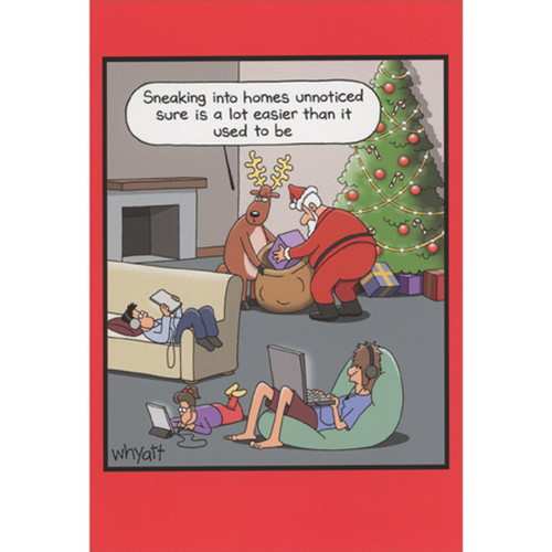 Santa and Reindeer Leaving Gifts: Sneaking Into Homes Unnoticed Humorous / Funny Christmas Card: Sneaking into homes unnoticed sure is a lot easier than it used to be