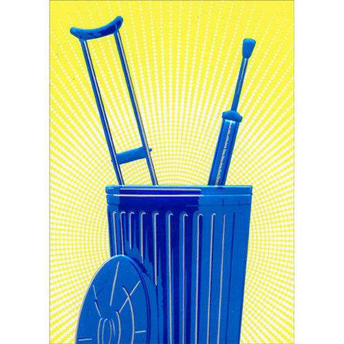 Blue Foil Crutches in Garbage Can A-Press Get Well Card