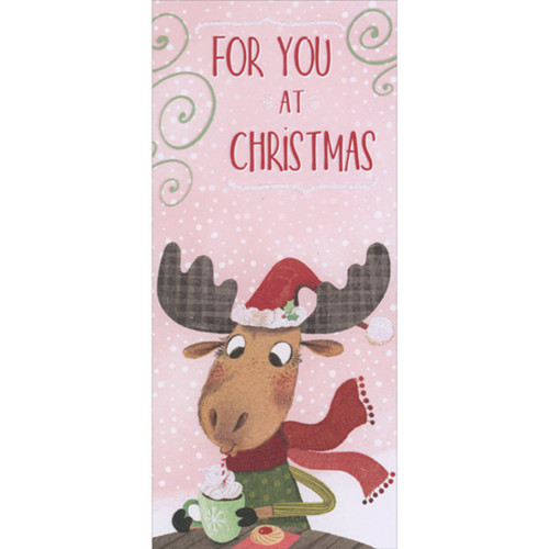 Moose Drinking Cocoa on Light Pink Money Holder / Gift Card Holder Christmas Card for Kids: For You at Christmas