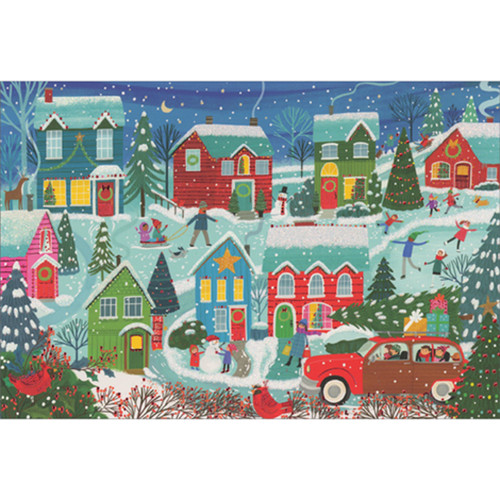 Woodie Wagon Driving Through Brightly Colored Shimmering Village Christmas Card