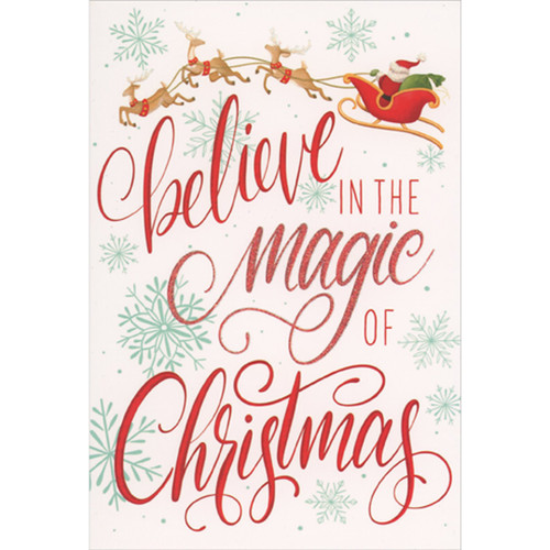 Believe in the Magic: Santa Flying Sleigh with Reindeer Christmas Card: Believe in the magic of Christmas