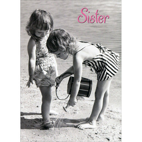 Little Girls with Watering Can at Beach Birthday Card for Sister: Sister