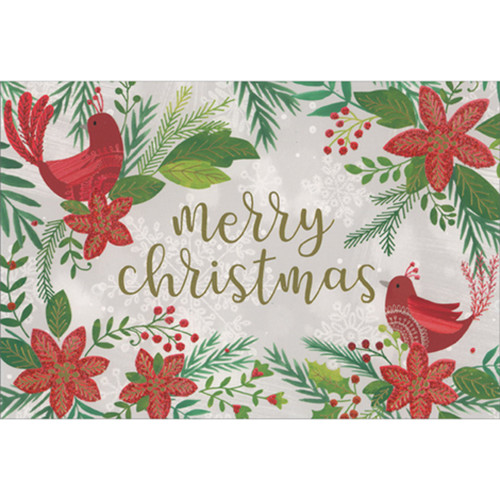 Red Birds, Sparkling Red Flowers and Green Leaves Framing Gold Text Christmas Card: Merry Christmas