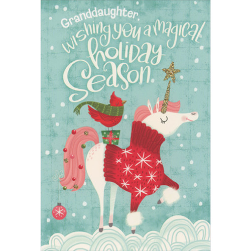 Proud Unicorn Wearing Red Sweater on Light Blue Christmas Card for Granddaughter: Granddaughter, wishing you a magical holiday season