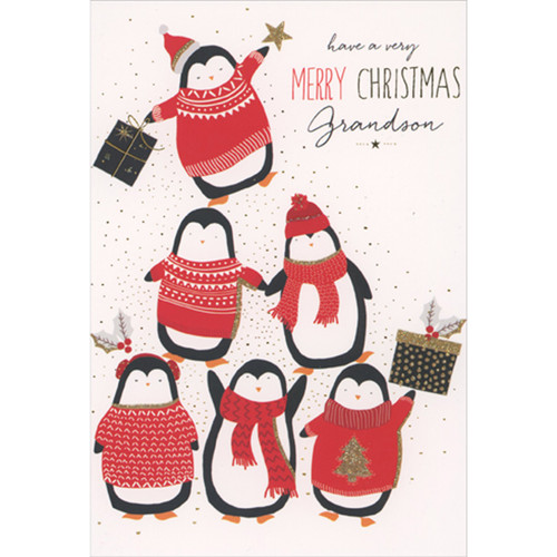 Red Sweater Penguins Forming Pyramid Christmas Card for Grandson: Have a very Merry Christmas, Grandson