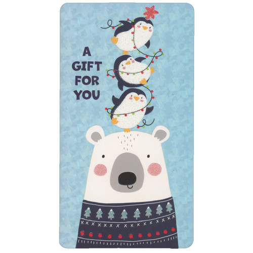 Three Penguins Balancing on Polar Bear's Head Holographic Foil Money Holder and Gift Card Holder Christmas Card: A gift for you