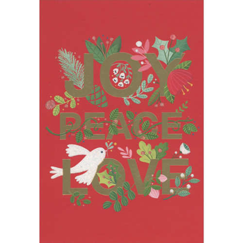 Gold Foil Joy, Peace and Love on Red with Sparkling White Dove Christmas Card: JOY - PEACE - LOVE