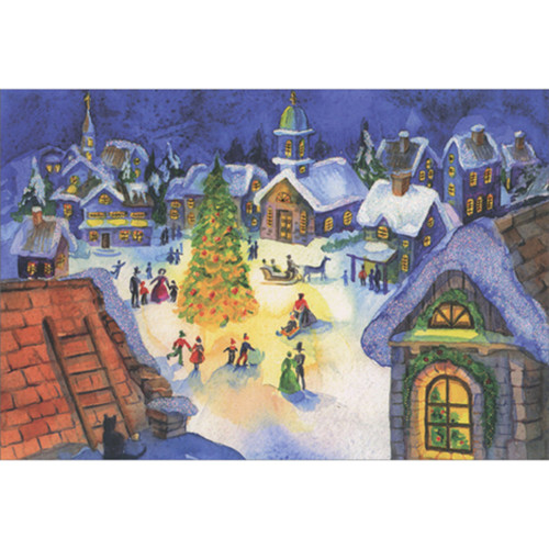 Small Watercolor Town Gathering Around Large Decorated Tree Christmas Card