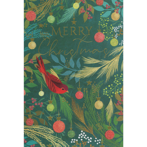 Red Bird Sitting on Pine Branch Decorated with Sparkling Ornaments Christmas Card: Merry Christmas