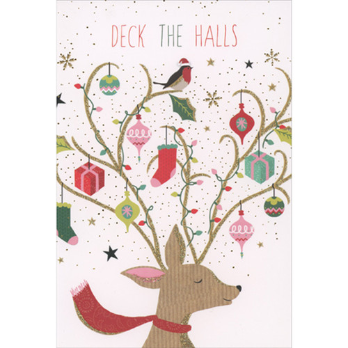 Deck The Halls: Reindeer with Bird, Ornaments and Light Strings on Antlers Christmas Card: Deck the Halls