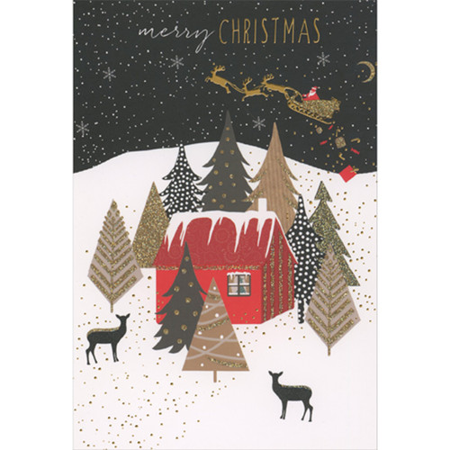 Santa in Gold Glitter Sleigh Flying Above Red House in Starry Night Sky Christmas Card: Merry Christmas