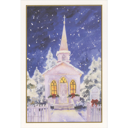 Watercolor White Church with Tall Steeple Against Snowy Night Sky Religious Christmas Card