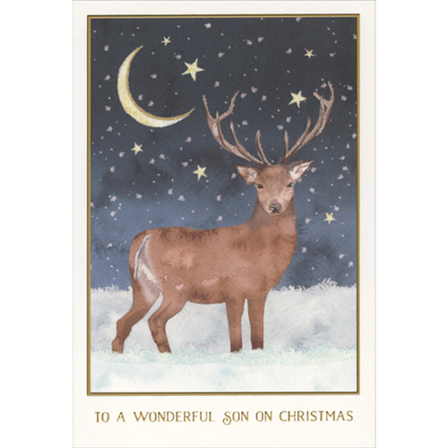 Single Deer Standing in Snow, Starry Sky and Crescent Moon Christmas Card for Son: To a Wonderful Son on Christmas