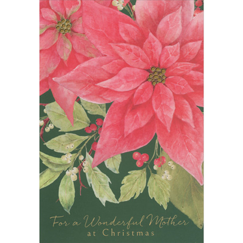 Closeup of 2 Pink Poinsettias with Gold Centers Christmas Card for Mother: For a Wonderful Mother at Christmas