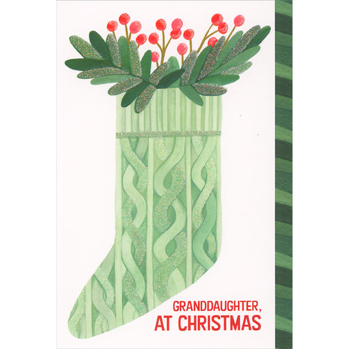 Light Green Stocking Stuffed with Green Leaves and Red Berries Christmas Card for Granddaughter: Granddaughter, at Christmas