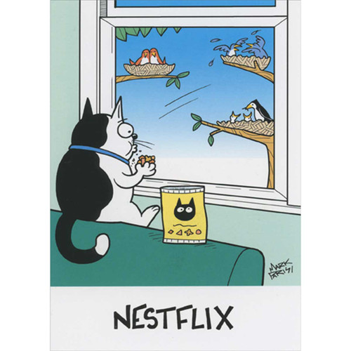 Nestflix: Cat Watching Birds Through Window Funny / Humorous Birthday Card: NESTFLIX