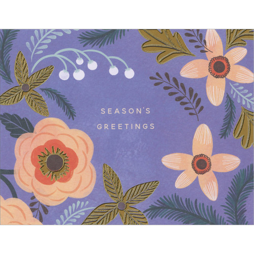 Season's Greetings: Peach Flowers and Gold Foil Leaves on Purple Christmas Card: Season's Greetings