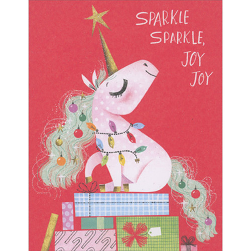 Sparkle, Sparkle, Joy, Joy Unicorn Wrapped in Ornaments and Lights Christmas Card: Sparkle Sparkle, Joy Joy
