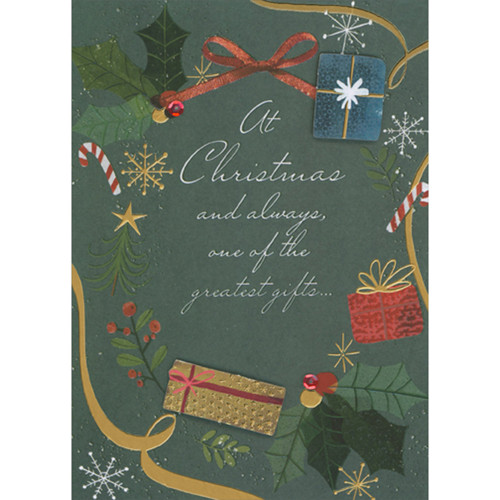 One of the Greatest Gifts: 3D Tip On Presents, Sequins and Foil on Dark Green Hand Decorated Christmas Card: At Christmas and always, one of the greatest gifts…