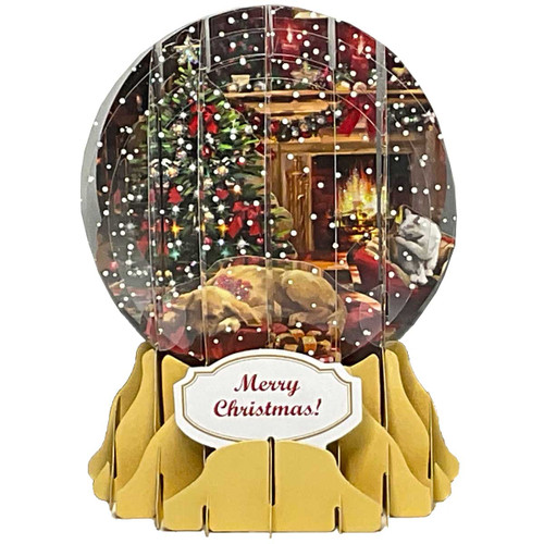Holiday Room: Decorated Tree, Dog, Cat, Mantle and Fireplace 5 Inch 3D Pop-Up Snow Globe Christmas Card: Merry Christmas