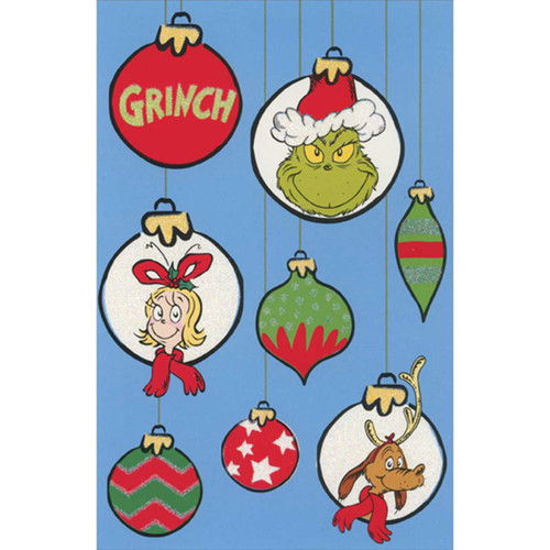 The Grinch, Cindy Lou Who and Max Ornaments on Blue Box of 10 Christmas Cards: Grinch