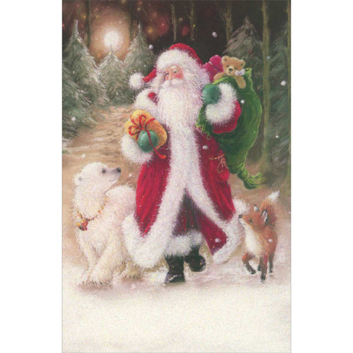 Sparkling Santa Walking in Forest with Fox and Polar Bear Christmas Card