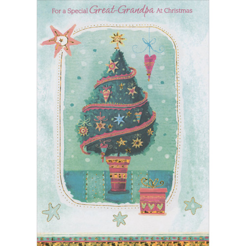 Watercolor Decorated Topiary Tree with Heart Ornaments Christmas Card for Great-Grandpa: For a special Great-Grandpa At Christmas