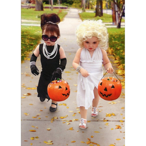 Two Girls Dressed Like Marilyn Monroe and Audrey Hepburn Halloween Card