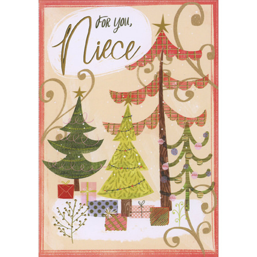 Four Assorted Patterned Trees and Gifts in Snow Christmas Card for Niece: For You, Niece
