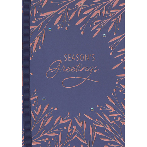 Season's Greetings: Blue Ribbon, Gems and Gold Foil Vines Border 3D Hand Decorated Christmas Card: Season's Greetings