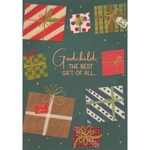 Eight Wrapped Gifts on Green and Gold Polka Dot Background Christmas Card for Godchild: Godchild, the best gift of all…